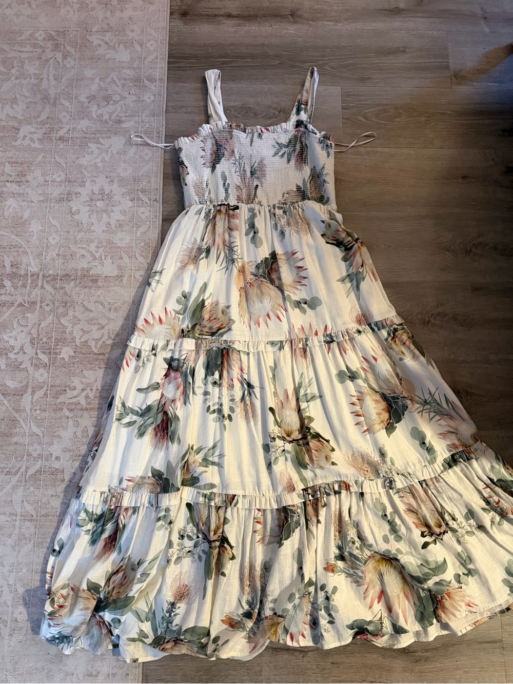 Express Floral Smocked Midi Dress in Cream and Green